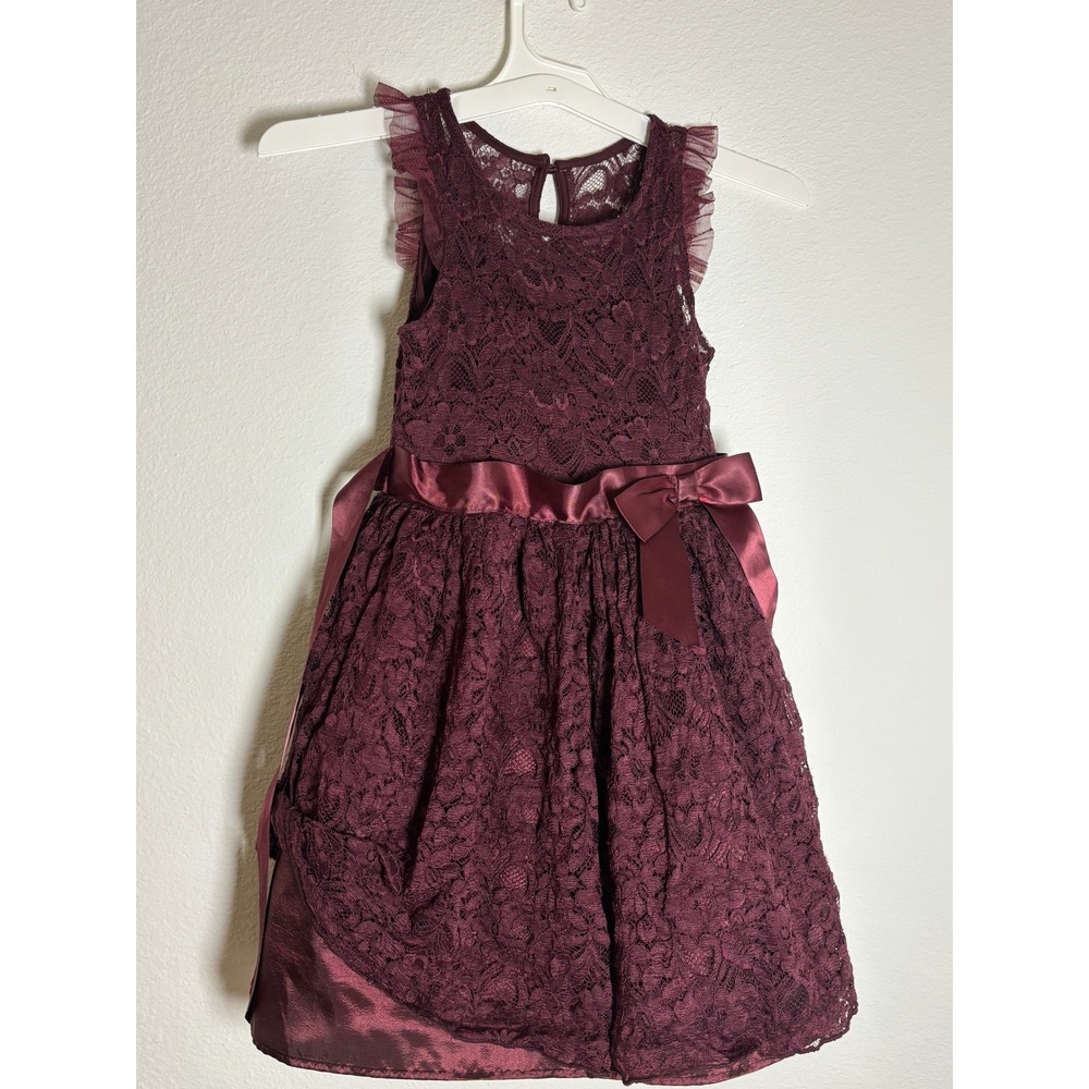 Lilt Girls Burgundy Floral Lace Party Dress Satin Bow Holiday Wedding Size‎ 8